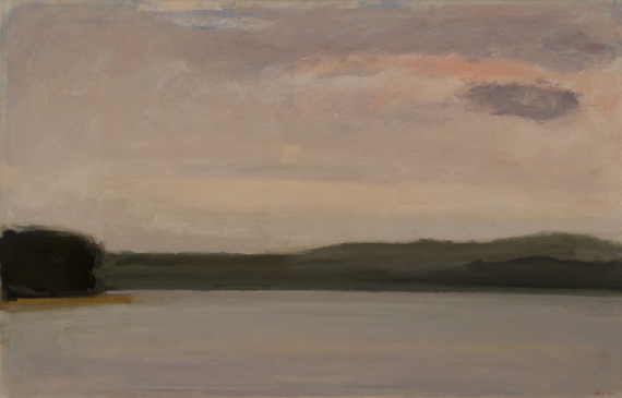 Abstracted landscape of a large pond with a light sunset beyond