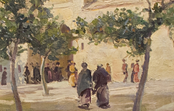 Alt text: Oil painting of pedestrians in a North African street scene