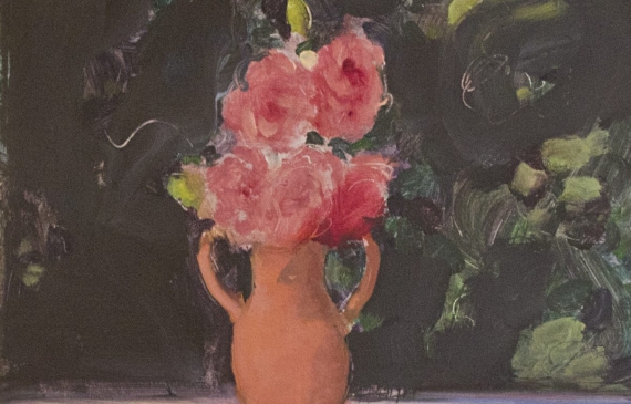 Alt text: Painting of flowers in a vase atop a table