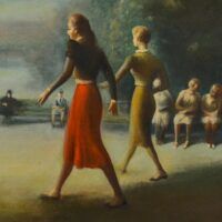 Alt text: Detail of a painting of two women walking in a park