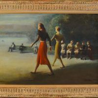 Alt text: Oil painting of two women walking through Central Park, framed