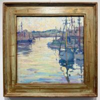 Alt text: Painting of a harbor scene, framed