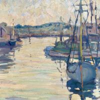 Alt text: Painting of a harbor scene, detail