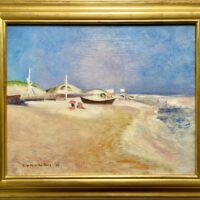 Alt text: Painting of a beach scene, framed