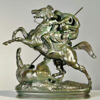 Alt text: Bronze sculpture of a horseman killing a lion