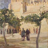 Alt text: Oil painting of pedestrians in a North African street scene