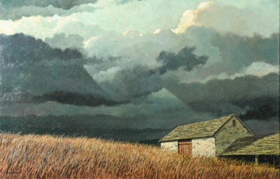 Alt text: Painting of storm clouds rolling in over a farm