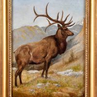 Alt text: Oil painting of an elk in the wilderness, framed