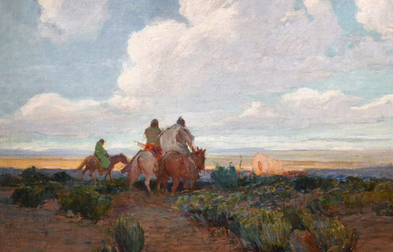 Alt text: Oil painting of men on horseback riding through the desert with a stagecoach beyond them