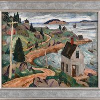 Alt text: Oil painting of a small cottage on the coast at Deer Island beside a winding road, framed