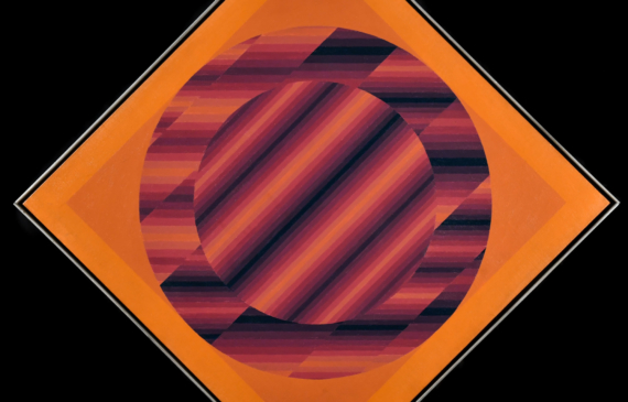 Alt text: Diamond-shaped painting with patterned circle in center (color 1)