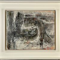 Alt text: Dark, abstract painting framed