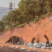 Alt text: Painting of two workers breaking rocks alongside a railroad track within a forest, detail
