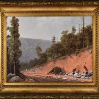 Alt text: Painting of two workers breaking rocks alongside a railroad track within a forest, framed