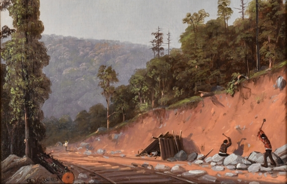 Alt text: Painting of two workers breaking rocks alongside a railroad track within a forest