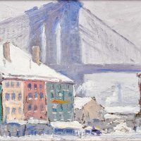 Alt text: Painting of a snowy city scene beneath the Brooklyn Bridge