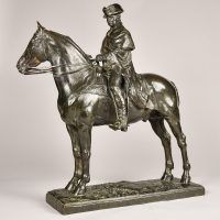 Alt text: Bronze sculpture of George Washington sitting atop his horse, angled view