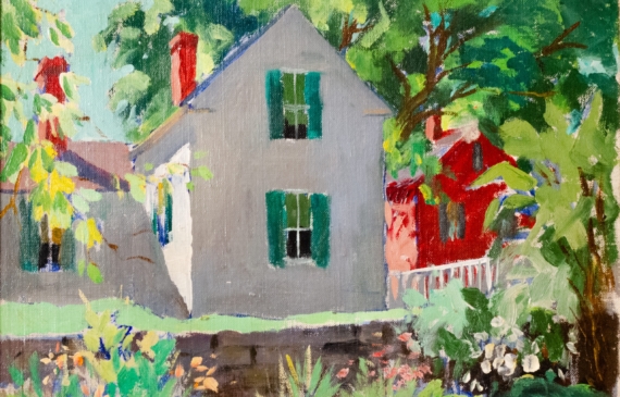 Alt text: Painting of a traditional house surrounded by a lush garden