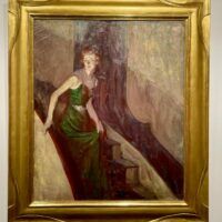 Alt text: Oil painting of a woman in an evening gown descending a staircase, framed