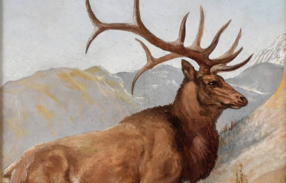 Alt text: Oil painting of an elk in the wilderness