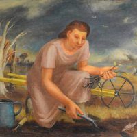 Alt text: Oil painting of a woman gardening, with trees and a cloudy sky in the background 