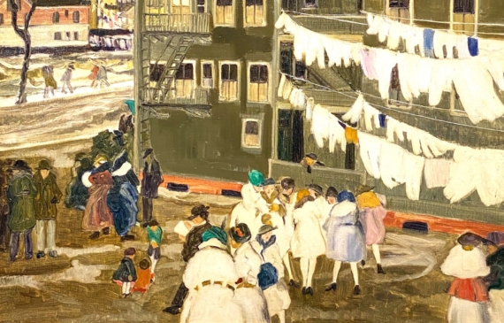 Alt text: Painting of clothes lines full of drying laundry hanging from an apartment building with people hurrying around the streets below, framed