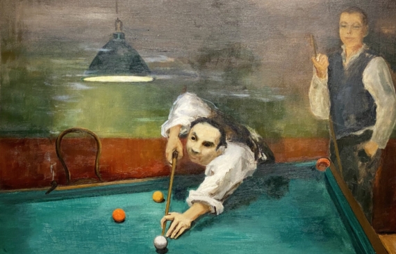 Alt text: A painting of two men at a billiard room playing pool, one lining up a shot while the other stands off to the side and watches