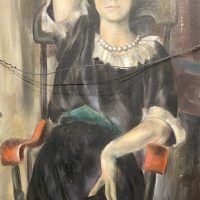 Alt text: Double sided painting - verso shows a woman sitting in a rocking chair wearing pearls looking smug