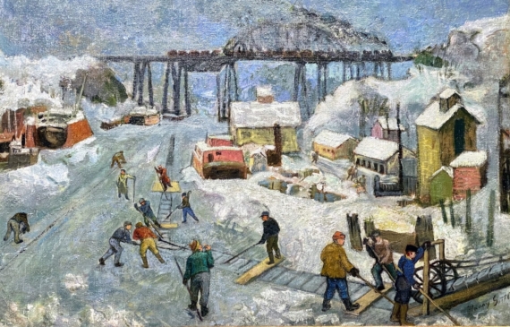 Alt text: Painting of a town frozen over by ice, with raised train tracks in the background