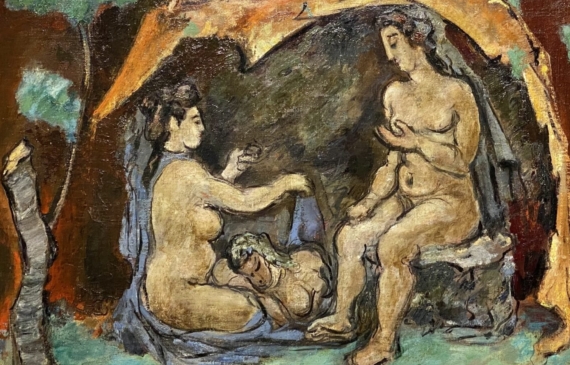 Alt text: Landscape painting of a woman sitting on a stump, conversing with a woman seated on the ground; the third woman lying down with her head in the other's lap