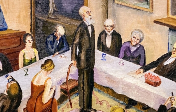 Alt text: Painting of a dinner party with guests seated around connecting tables, and an older gentleman standing as if giving a speech