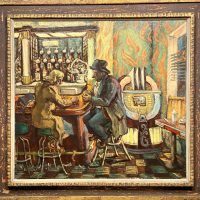 Alt text: Oil painting of a man and woman sitting at the corner of a bar, with a jukebox in the background, framed