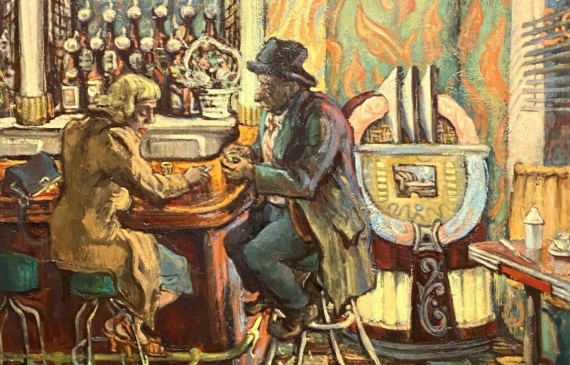 Alt text: Oil painting of a man and woman sitting at the corner of a bar, with a jukebox in the background