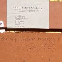 Alt text: Verso detail of still life flower painting with  Gerald Peters Gallery label and inscription reading 