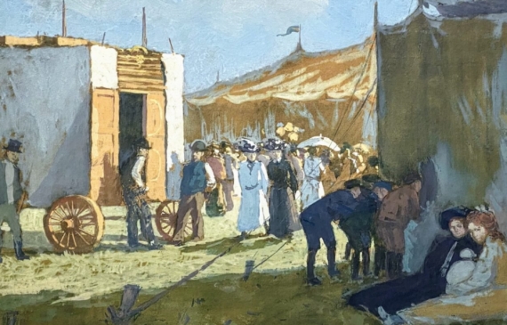 Alt text: Painting of a crowd at a carnival, with tents and a stagecoach