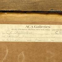 Alt text: ACA Galleries label on carnival painting verso with gallery and painting information