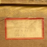Alt text: Label on carnival painting verso reading 