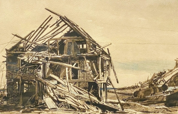 Alt text: Mixed media drawing of a dilapidated house falling apart against a stark background