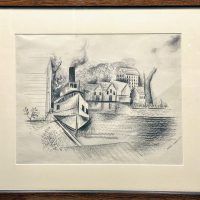 Alt text: Work on paper of a boat docked with a town in the background across the water, framed