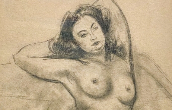 Alt text: Pencil drawing of a nude woman lounging seductively, framed