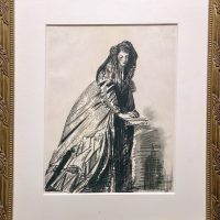 Charcoal drawing of a young woman in a large, puffy cloak leaning her hands on a pedestal, framed