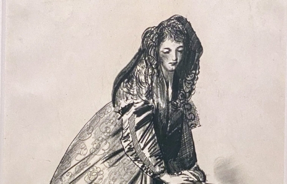 Charcoal drawing of a young woman in a large, puffy cloak leaning her hands on a pedestal