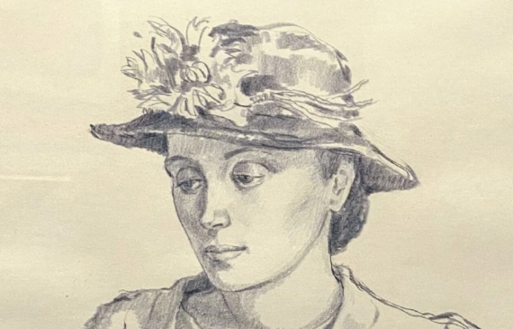 Alt text: Pencil drawing of a woman in a hat