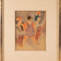 Alt text: Watercolor painting of bathers, framed