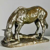 Alt text: Bronze sculpture of a horse and man drinking water