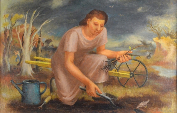 Alt text: Oil painting of a woman gardening, with trees and a cloudy sky in the background, framed