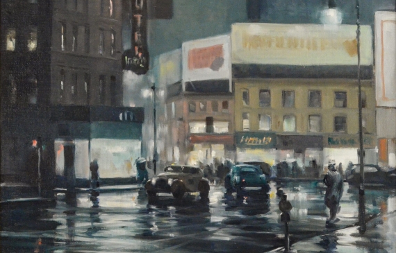 Alt text: Oil painting of vintage cars driving through city streets at night time, with the road reflecting store and headlights as if it recently rained