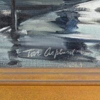 Alt text: Detail of bottom right of city painting signed by artist 