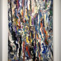 Alt text: Abstract, multi-colored painting with jagged stripes, framed