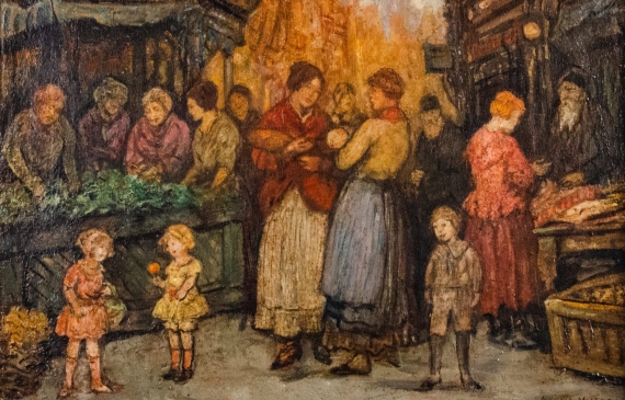 Alt text: Oil painting of common people shopping and chatting on a street in the Lower East Side